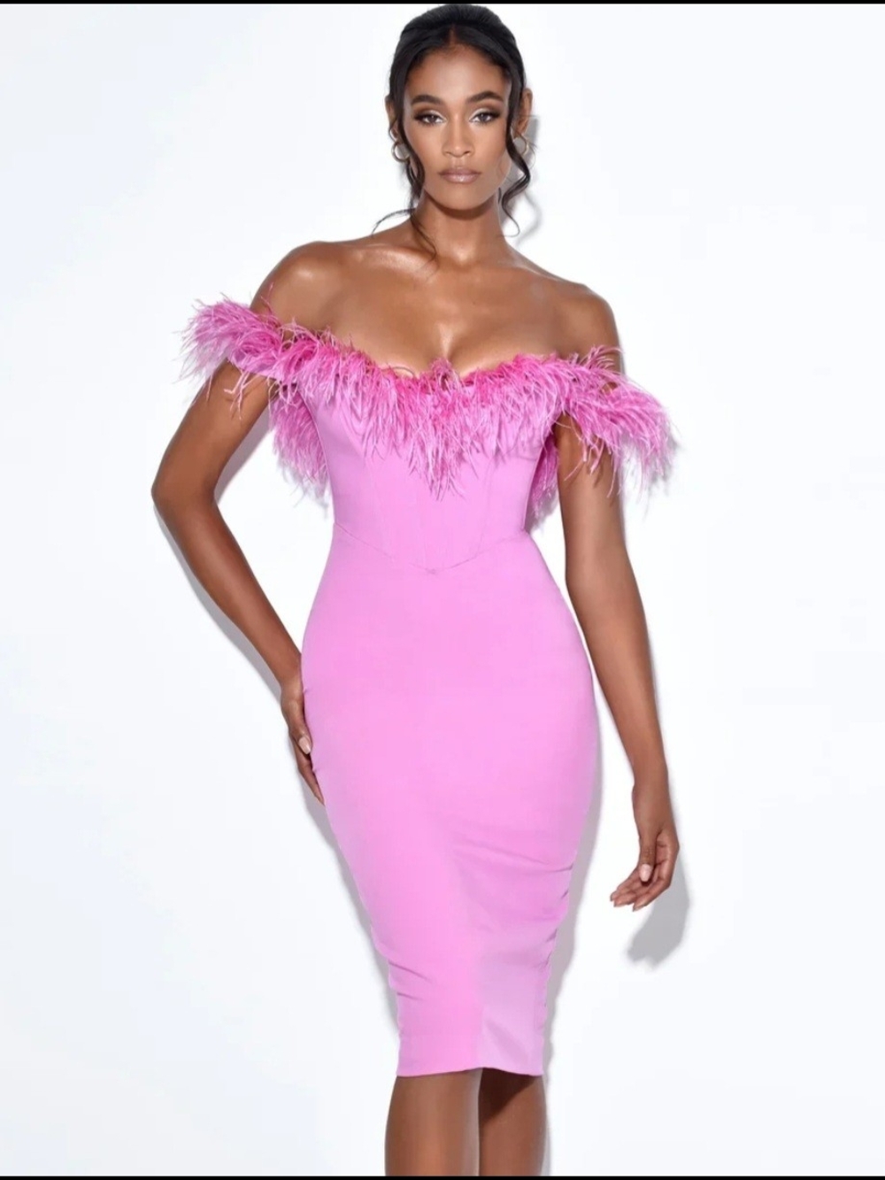 Strapless Ophelia fuschia Feather-Trim Corset Bodycon Dress (D209)